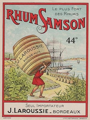 "RHUM SAMSON / J. LAROUSSIE Bordeaux" Etiquette litho originale (années 30)