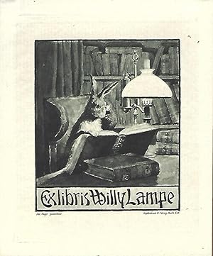 Humorvolles Exlibris für Willy Lampe in zwei Farben. Kupferdrucke. 1906.
