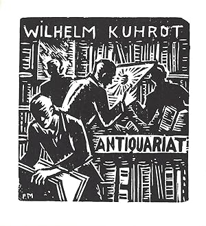 Exlibris für Wilhelm Kuhrot Antiquariat. Holzschnitt.