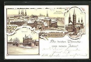 Winter-Lithographie Bamberg, Rathaus, Dom, Totalansicht