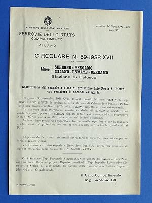 Seller image for Ferrovie - Circolare N 59 - 1938 - Linea Seregno Bergamo - Stazione di Calusco for sale by Chartaland