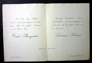 Seller image for Biglietto Invito Nozze - Carlo Prampolini e Luciana Rebucci - 1954 for sale by Chartaland