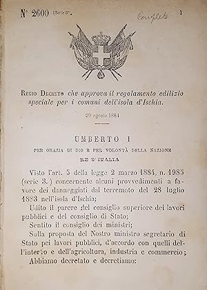 Seller image for Decreto Regno Italia Regolamento edilizio speciale per comuni isola Ischia 1884 for sale by Chartaland