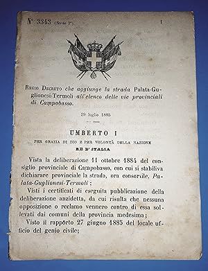 Bild des Verkufers fr Decreto Regno Italia - Aggiunge strada Palata Guglionesi Termoli Campobasso 1885 zum Verkauf von Chartaland