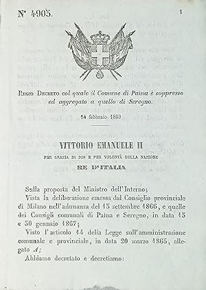 Seller image for Decreto Regno Italia - Comune di Paina  aggregata a quello di Seregno - 1869 for sale by Chartaland