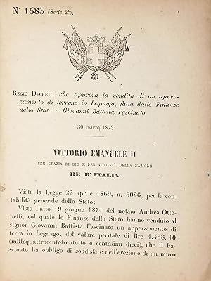 Seller image for Decreto Regno Italia - Vendita di un appezzamento di terreno in Legnago - 1873 for sale by Chartaland