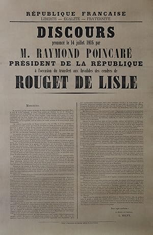 "ROUGET DE LISLE (Discours de Raymond Poincaré le 14 Juillet 1915)" Affiche originale entoilée / ...