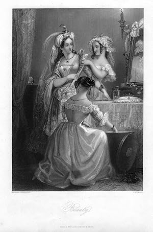THREE BEAUTIFUL VICTORIAN GIRLS,1840S Steel engraved print