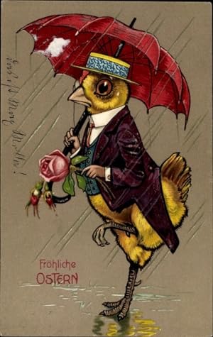 Präge Ansichtskarte / Postkarte Glückwunsch Ostern, Küken mit Regenschirm und Rose im Regen