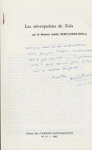 Image du vendeur pour Les nvropathies de Zola - envoi autographe de l'auteur COPY SIGNED BY THE AUTHOR To Jacques Postel mis en vente par PRISCA