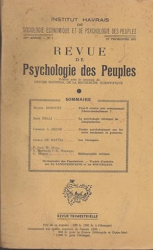 Image du vendeur pour Institut Havrais de Sociologie conomique et de Psychologie des Peuples - Revue de Psychologie des Peuples - 12me anne - N 1 - 1er trimestre 1957. mis en vente par PRISCA