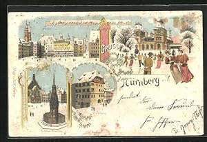 Winter-Lithographie Nürnberg, Dürerhaus, Brunnen, Markt