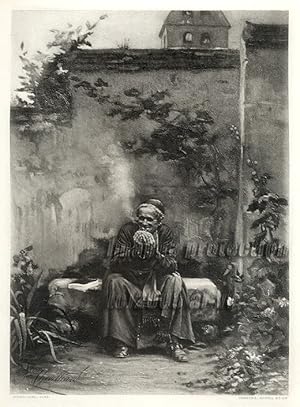 SMOKE AFTER VESPERS FROM THE ORIGINAL PAINTING BY CHEVILLIARD,1883 PHOTOGRAVURE LARGER ANTIQUE AR...