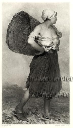 THE CHICKEN WOMAN FROM THE ORIGINAL PAINTING BY VOLLON,1883 PHOTOGRAVURE LARGER ANTIQUE ART PRINT