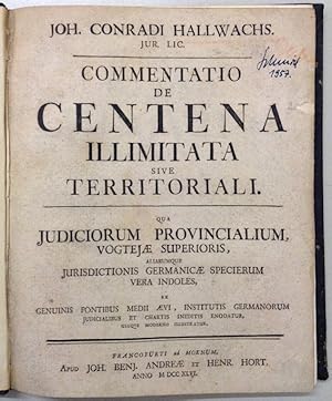 Image du vendeur pour Commentatio de centena illimitata sive territoriali. mis en vente par Buch & Consult Ulrich Keip