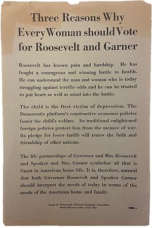 Scarce Handbill Proposing Three Reasons Why Every Woman should Vote for Roosevelt and Garner