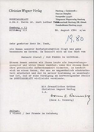 Maschinenschriftl. Brief an Kurt Lothar Tank mit eigenhändiger Unterschrift. Datiert 28. August 1...