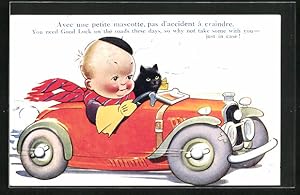 Bild des Verkufers fr Knstler-Ansichtskarte Mabel Lucie Attwell: Kleiner Raser mit schwarzer Katze im roten Auto zum Verkauf von Bartko-Reher