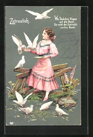 Bild des Verkufers fr Prge-Ansichtskarte Zutraulich, Wo Tubchen fliegen.Frulein fttert weisse Tauben zum Verkauf von Bartko-Reher