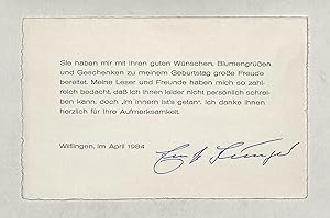 Imagen del vendedor de Gedruckte Danksagungskarte mit eigenh. U. a la venta por Eberhard Kstler Autographen&Bcher oHG