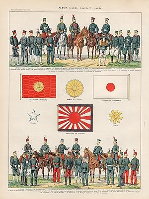 Japon (Armes, Drapeaux, Armee). Kolorierte Lithographie von 1890