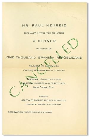 [Printed invitation:] MR. PAUL HENREID CORDIALLY INVITES YOU TO ATTEND A DINNER IN HONOR OF ONE T...
