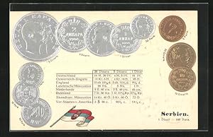 Präge-Ansichtskarte Serbien, Münzkarte, Geldmünzen, Nationalflagge