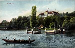 Ansichtskarte / Postkarte Insel Mainau im Bodensee, Blick zum Schloss, Boot, Anlegestelle, Trenkler