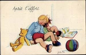 Künstler Ansichtskarte / Postkarte Schlafende Kinder, Buch, Ball, Teddy