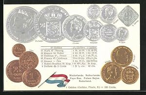 Präge-Ansichtskarte Niederlande, Münzkarte, Geldmünzen Nationalflagge