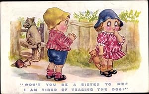 Ansichtskarte / Postkarte Kinder, Liebe, Hund, Teddy, Won't you be a sister to mep I am tired of ...