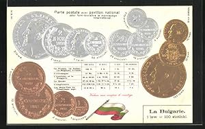 Präge-Ansichtskarte Bulgarie, Münzkarte, Geldmünzen, Nationalflagge
