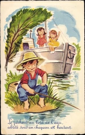 Ansichtskarte / Postkarte Junge beim Angeln, Mädchen, Boot, Anker