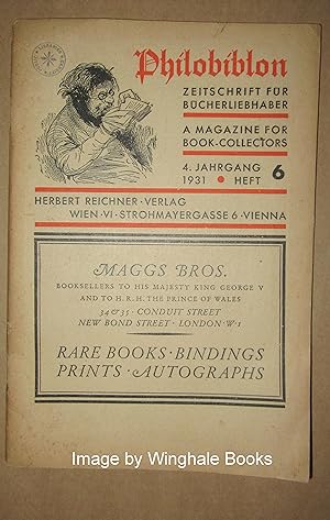 Image du vendeur pour Philobiblon. Eine Zeitschrift fr Bcherliebhaber. Jahrgang IV  Heft 6  1931 mis en vente par Winghale Books