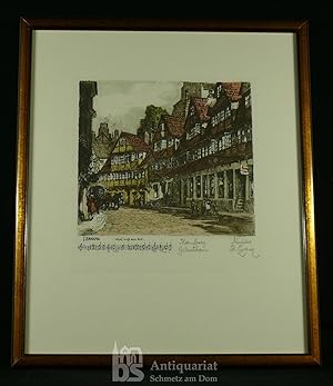 Hamburg - Geburtshaus. Handkolorierte Radierung von Herta Czoernig.