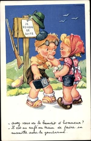 Ansichtskarte / Postkarte Kinder, Pfadfinder, Gewehr, Jäger-Hut, Blumen, Halstuch