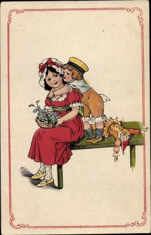 Ansichtskarte / Postkarte Geschwister, Liebe, Hampelmann, Vergissmeinnicht, Korb