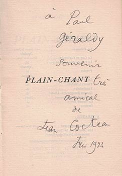 Plain-Chant. First edition. Signed presentation copy to Paul Géraldy.