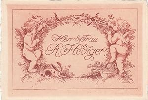 Imagen del vendedor de Herr & Frau R. Hediger. Zwei Putti, Kranz mit Namensvermerk haltend, unten ein Hase. a la venta por Antiquariat  Braun