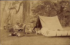Foto Ansichtskarte / Postkarte Männer und Frauen mit Zelt und Kanu