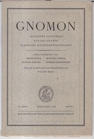 Image du vendeur pour Gnomon. Mrz / April 1944 - 20. Band, Heft 2. Mit: Bibliographische Beilage Nr. 1. - Kritische Zeitschrift fr die gesamte klassische Altertumswissenschaft. - Enthalten sind Buchbesprechungen, u. a.: K. Schefold ber Akurgal - Griechische Reliefs des 6. Jahrhunderts aus Lykien / G. Lippold ber Zchner - Griechische Klappspiegel / R. Camerer ber Riemschneider - Held und Staat in Euripides' Phoenissen. mis en vente par Antiquariat Carl Wegner