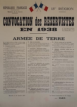 "CONVOCATION DES RÉSERVISTES (ARMÉE DE TERRE 1938)" Affiche originale entoilée / Typo MARSEILLE l...