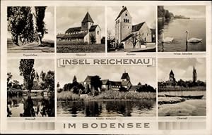 Bild des Verkufers fr Ansichtskarte / Postkarte Insel Reichenau Bodensee, Pappelallee, Oberzell, Mnster, Kloster Mittelzell, Unterzell, Schwne zum Verkauf von akpool GmbH