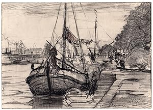Antique Drawing-LEUVEHAVEN-ROTTERDAM-HARBOUR-SHIPS-Groen-1923