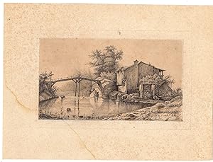 Antique Drawing-WOODEN BRIDGE-RIVER-OLD HOUSE-ROCKS-van der Maaten-ca.1860