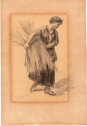 Antique Drawing-WORKING WOMAN-FARMER-SHEAF OF CORN-Cossaar-ca. 1920