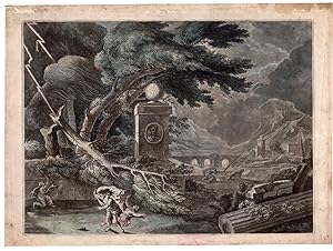 Rare Antique Print-STORMY LANDSCAPE WITH FIGURES-Kirkall-van Huysum-1724