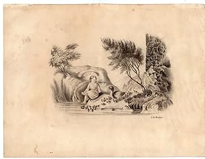 Antique Drawing-PADDLING-GIRL FEEDING DUCKS-OLD HOUSE-POND-Gorsira-ca.1860