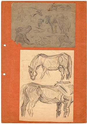 2 Antique Drawings-HORSES-GRAZING-COW-DRAWING STUDY-Masthoff-ca. 1950