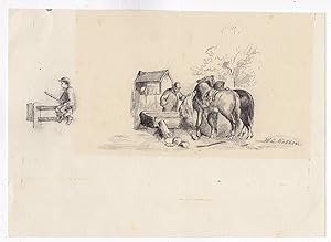 2 Antique Drawings-BOY ON FENCE-HORSES DRINKING-WELL-Nakken-ca.1890